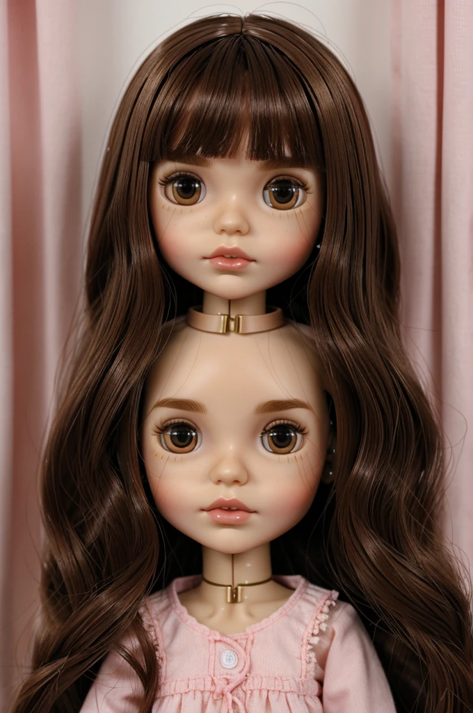I create a SMALL blythe doll with the following characteristics:Brown hair,Brown eyes,pink lips, medium nose,long hair with curtain fringe