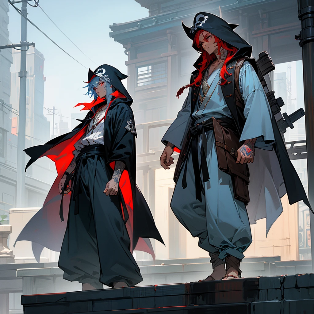 1male, young adult, dark skin, finely detailed red eyes, wild medium hair, pale blue hair color, pirate clothing, oversized hood, baggy pants, standing on building, day time, tokyo streets, somber expression, muscular, flowers, tattoos