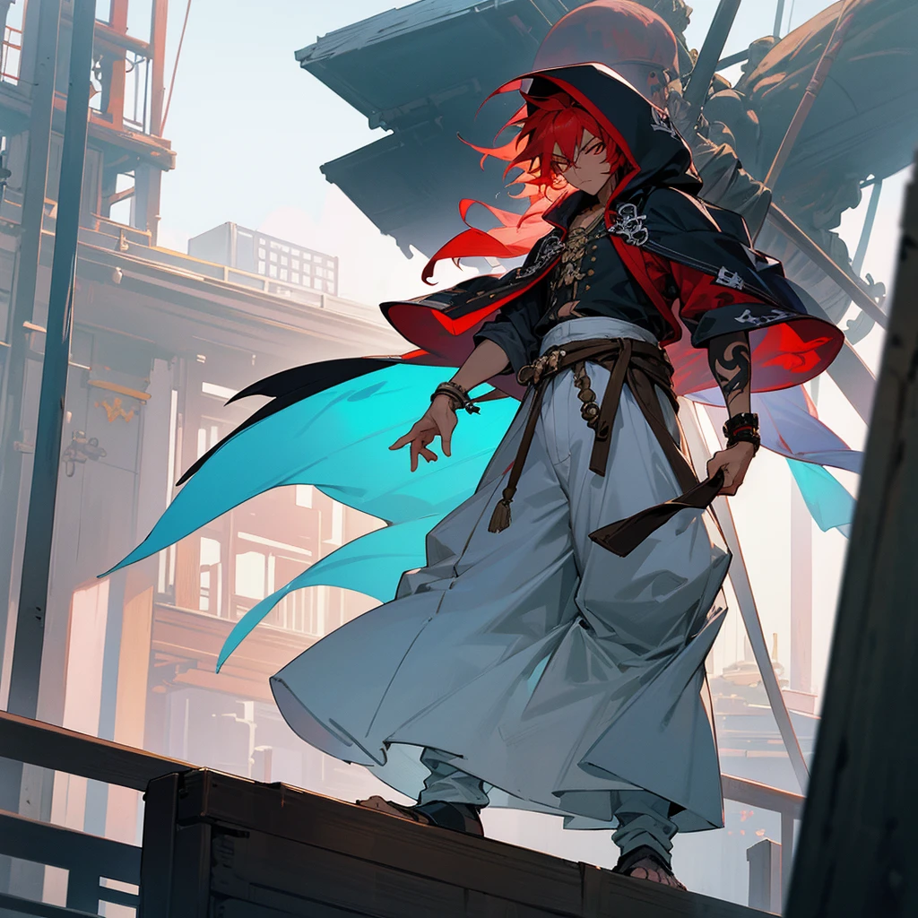 1male, young adult, dark skin, finely detailed red eyes, wild medium hair, pale blue hair color, pirate clothing, oversized hood, baggy pants, standing on building, day time, tokyo streets, somber expression, muscular, flowers, tattoos