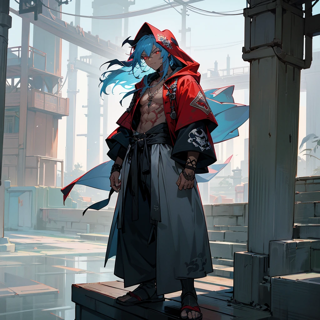 1male, young adult, dark skin, finely detailed red eyes, wild medium hair, pale blue hair color, pirate clothing, oversized hood, baggy pants, standing on building, day time, tokyo streets, somber expression, muscular, flowers, tattoos