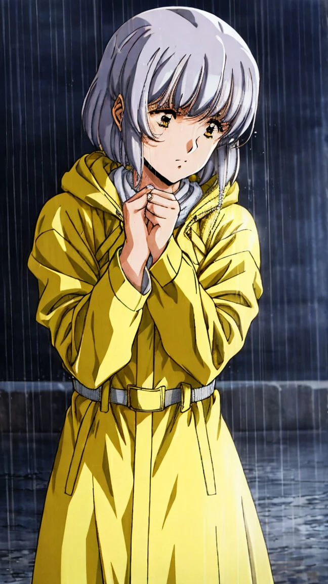 A woman standing in a heavy rainstorm, wearing a bright yellow raincoat. The wind is blowing fiercely, and the raincoat flaps in the wind. The background is dark and stormy with heavy rain pouring down, and the woman is slightly hunched, bracing against the strong wind and rain.