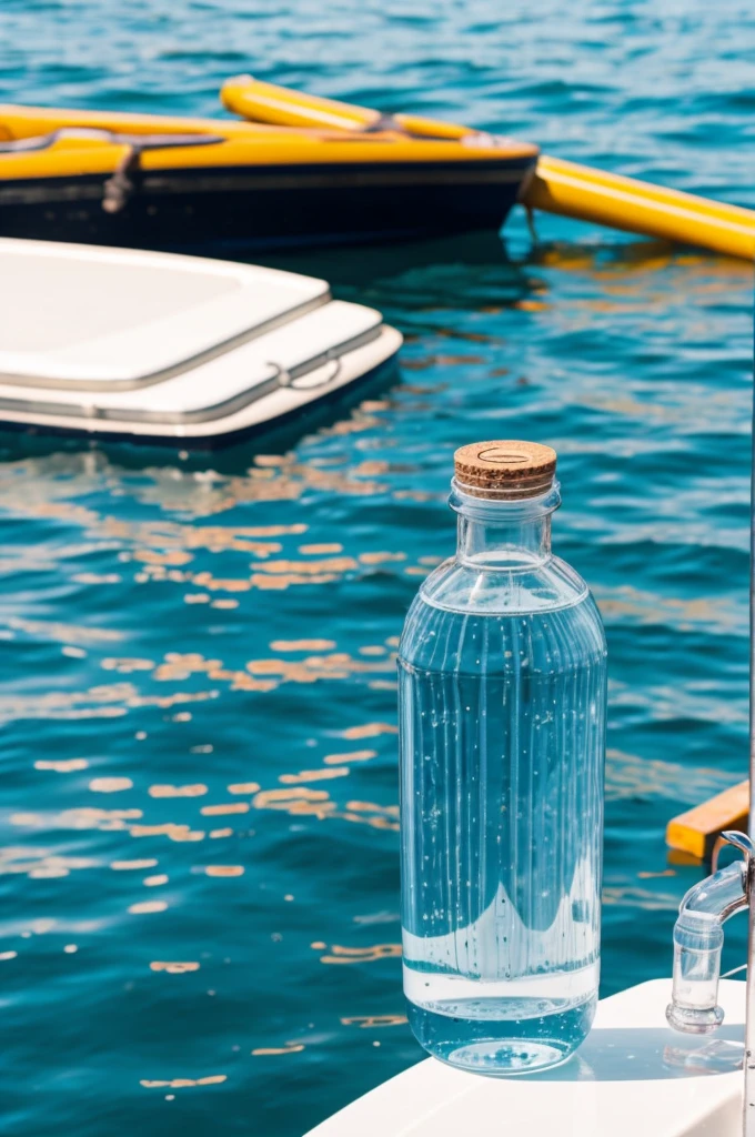 A plastic bottle full of water, getting off a boat