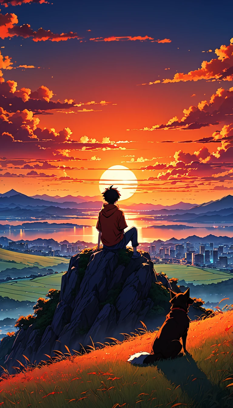 high quality, 8K Ultra HD, great detail, masterpiece, an anime style digital illustration, anime landscape of a boy with his dog sitting on a hill, looking at a hellish orange and red sunset, anime nature wallpapers with a serene sky, anime beautiful scene, beautiful anime peace scene, Makoto Shinkai Cyril Rolando, beautiful anime scene, amazing wallpaper, anime art wallpaper 8k, anime background, art anime background, wallpaper 4k anime screen, 4k anime art wallpaper, 4k anime art wallpaper,