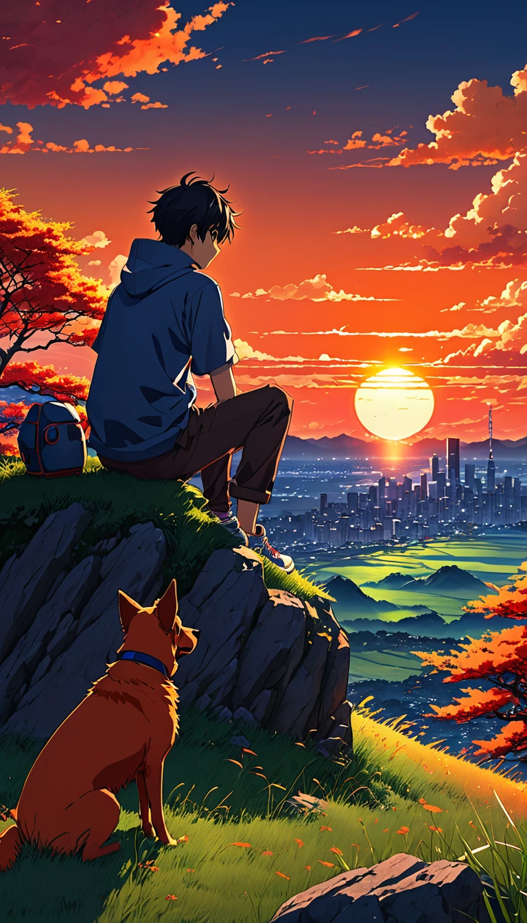 high quality, 8K Ultra HD, great detail, masterpiece, an anime style digital illustration, anime landscape of a boy with his dog sitting on a hill, looking at a hellish orange and red sunset, anime nature wallpapers with a serene sky, anime beautiful scene, beautiful anime peace scene, Makoto Shinkai Cyril Rolando, beautiful anime scene, amazing wallpaper, anime art wallpaper 8k, anime background, art anime background, wallpaper 4k anime screen, 4k anime art wallpaper, 4k anime art wallpaper,