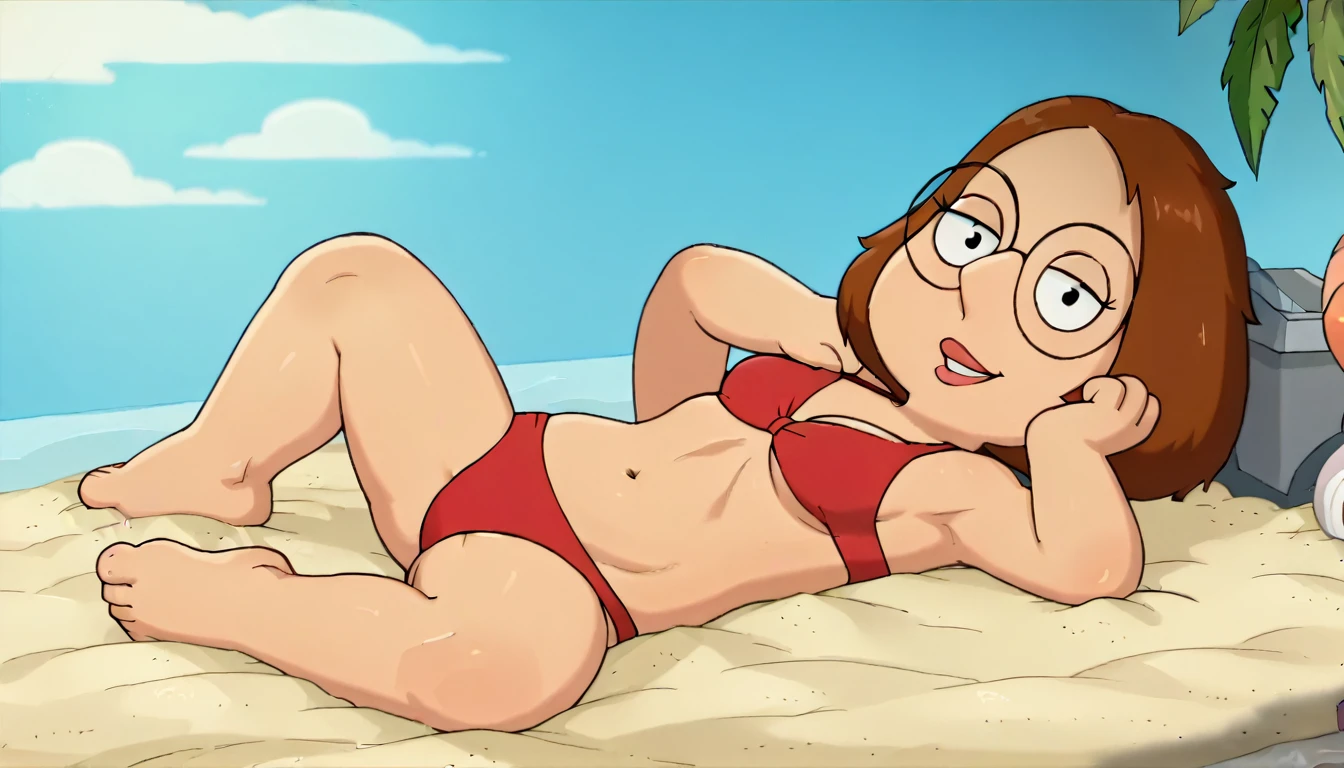meg, (((1girl, solo, alone, short brown hair, glasses))), shortstack, flat color, looking at viewer, smile, parted lips,
((( red bikini ,from back, from behind ))),
sexy pose, dynamic pose, dynamic angle, cowboy shot,
outdoor, beach, day,