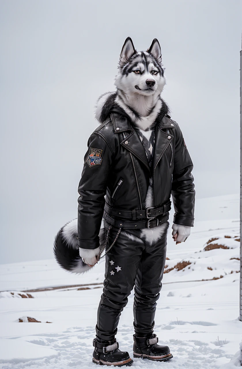 Engrilklenus, husky dog, arctic, strong, muscular, leather jacket, winter pants, snow boots, tail, white paws, black and white fur, star patch