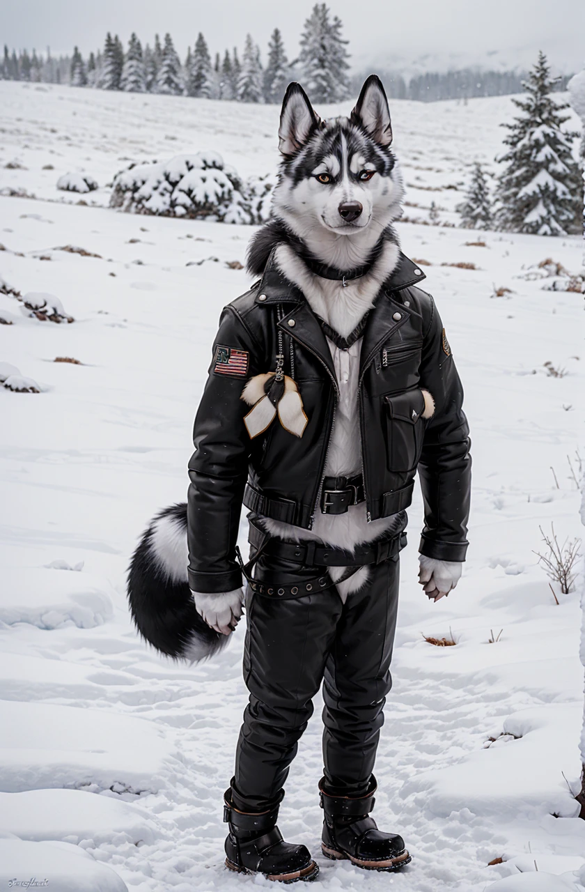 Engrilklenus, husky dog, arctic, strong, muscular, leather jacket, winter pants, snow boots, tail, white paws, black and white fur, star patch