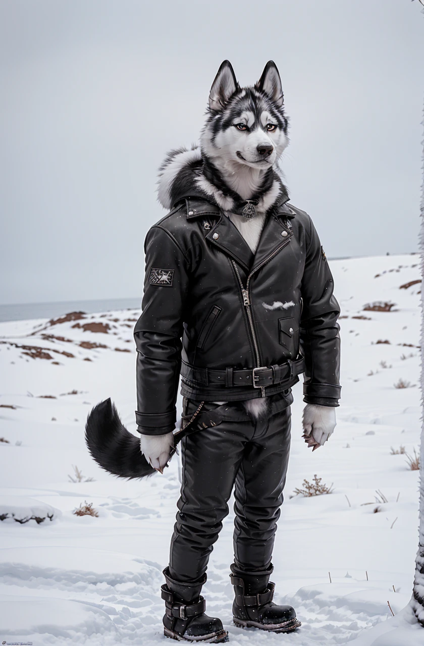 Engrilklenus, husky dog, arctic, strong, muscular, leather jacket, winter pants, snow boots, tail, white paws, black and white fur, star patch