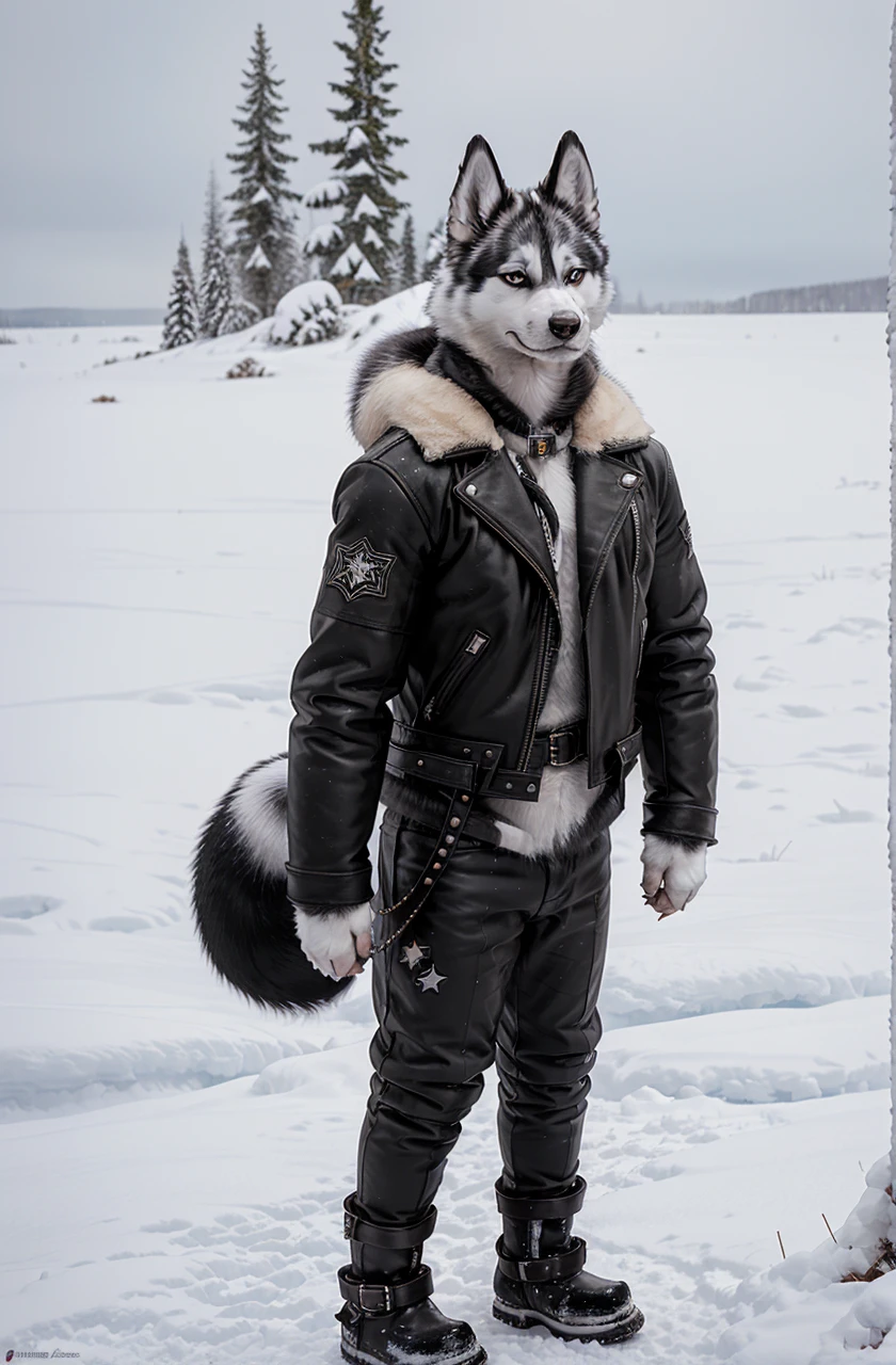 Engrilklenus, husky dog, arctic, strong, muscular, leather jacket, winter pants, snow boots, tail, white paws, black and white fur, star patch