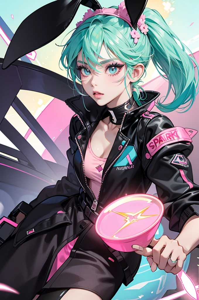 Spicy Bunny is a black female rabbit , Pink high ponytail hair, black eyes, and blue and light green eyeshadow. spark; flash