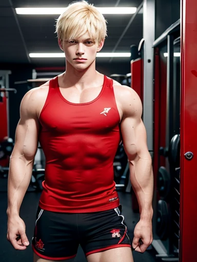 Hyper realistic, cowboy shot, 1boy, blond hair, red eyes, red pupil, black shorts, sleeveless, sport clothes, male focus, looking at Viewer, on the gym
