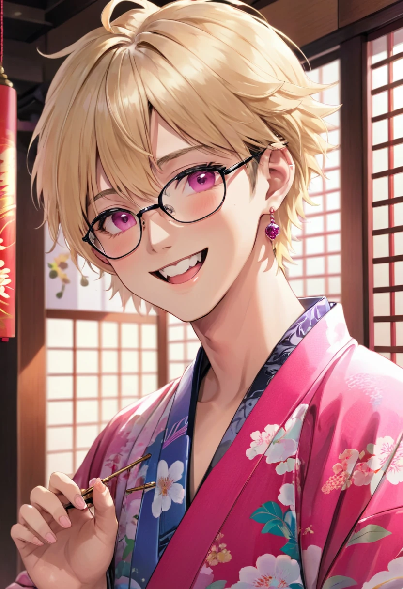 solo, Masculine, looking at viewer, smile, short hair, open mouth, bangs, blonde hair, 1boy, jewelry, upper body, male focus, earrings, japanese clothes, glasses, teeth, tongue, indoors, tongue out, pink eyes, kimono, piercing, ear piercing, portrait, tongue piercing, blinds