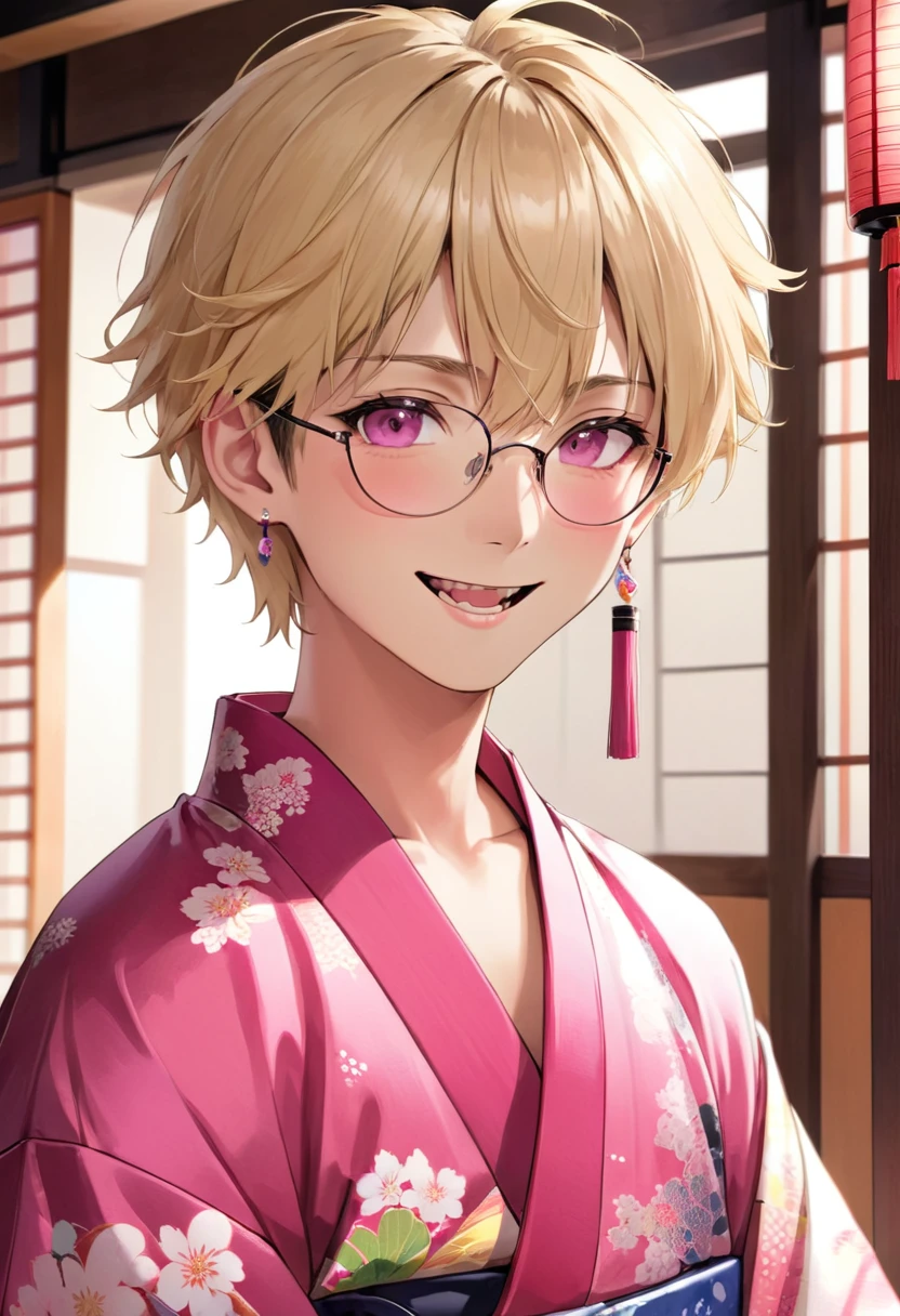 solo, Masculine, looking at viewer, smile, short hair, open mouth, bangs, blonde hair, 1boy, jewelry, upper body, male focus, earrings, japanese clothes, glasses, teeth, tongue, indoors, tongue out, pink eyes, kimono, piercing, ear piercing, portrait, tongue piercing, blinds