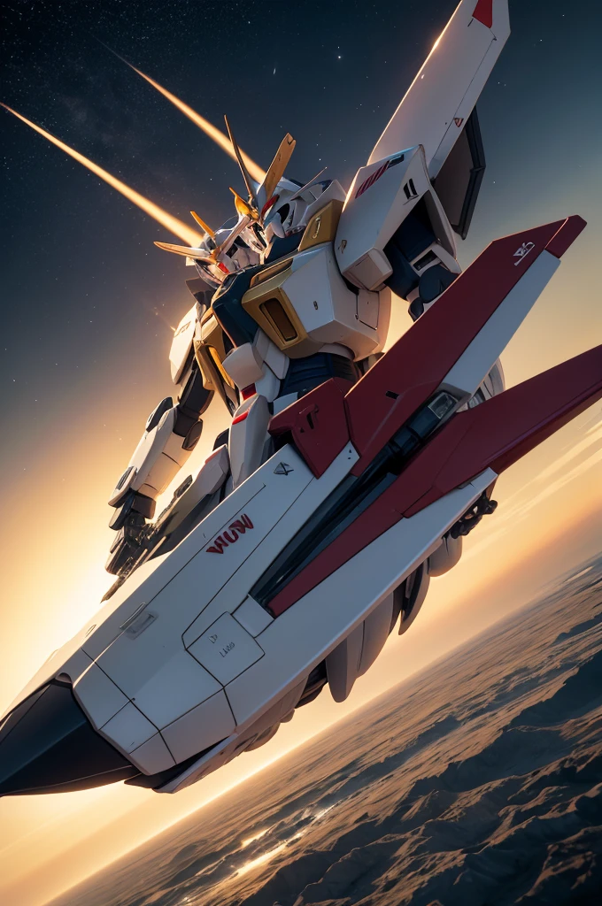 Gundam flying near Saturn from a distance in third person