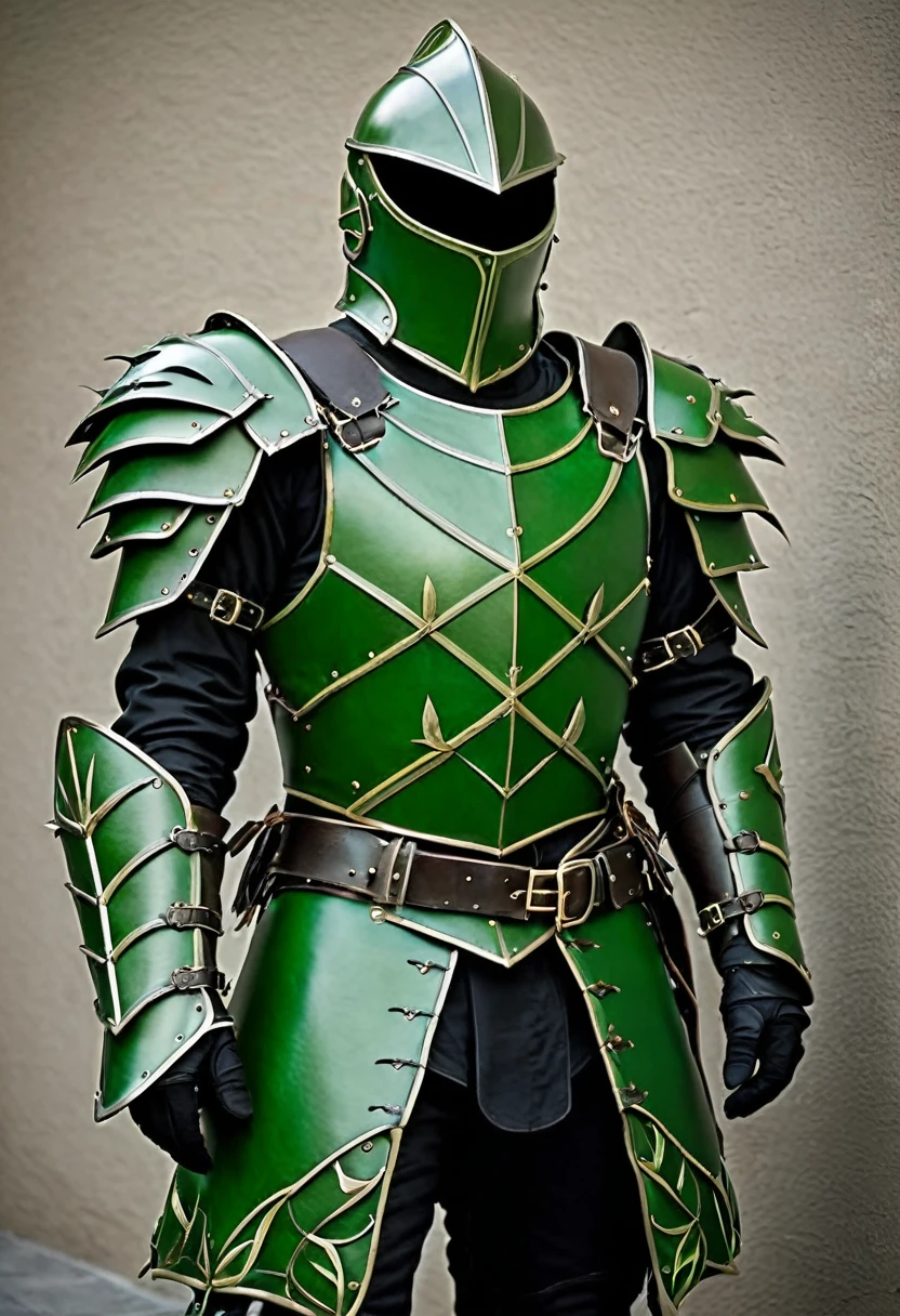 stealthy green leather armor with 2 leaf like scimitars
