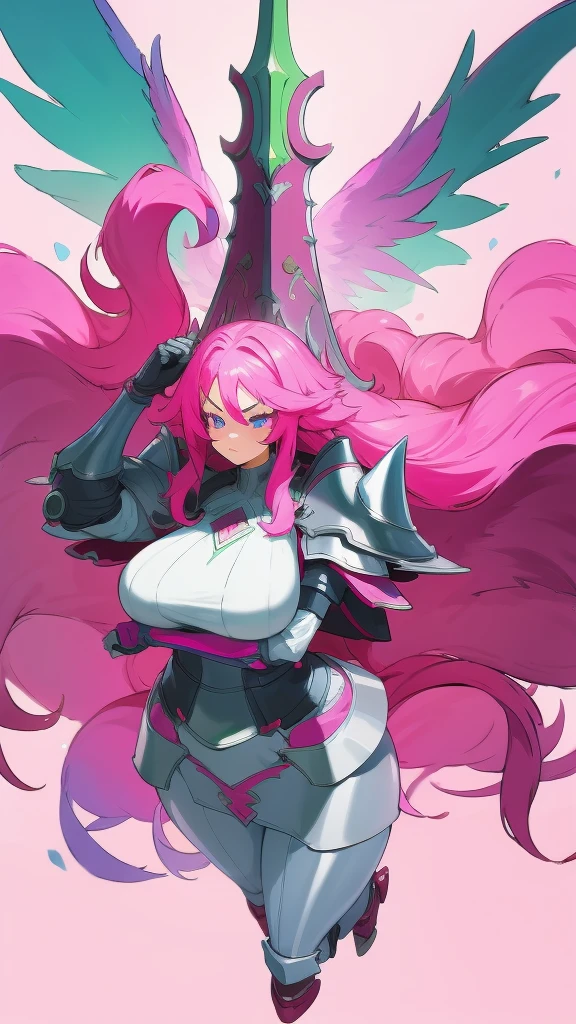 Anime, 1 woman, ethereal aura, extremely Long fluffy hairstyle, Raspberry-glace colored hair, neon pink colored eyes, busty, gorgeous plump body, silver heavy armor, detailed heavy armor, extremely large-skirt, Green underwear, serious face, 6 draconic wings, large Cape, 6 Large draconic wings, floating pose