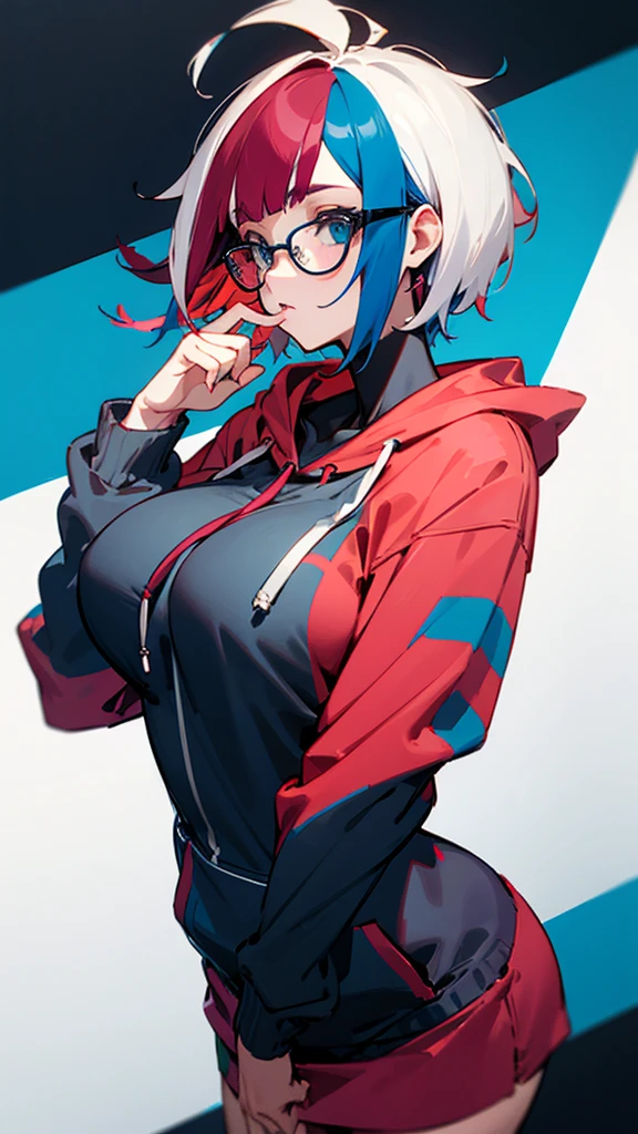 （Hair color: red and blue two-tone color）short hair glasses hoodie big breasts