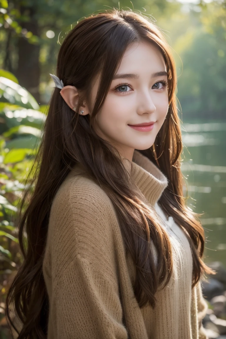 ((best quality))) (((HD))) (((8K))) (Features) 20 year old girl, ((adventure)) Elf, ((beautiful)) and ((Happy)), ((Brown hair)) and ((Long hair)).