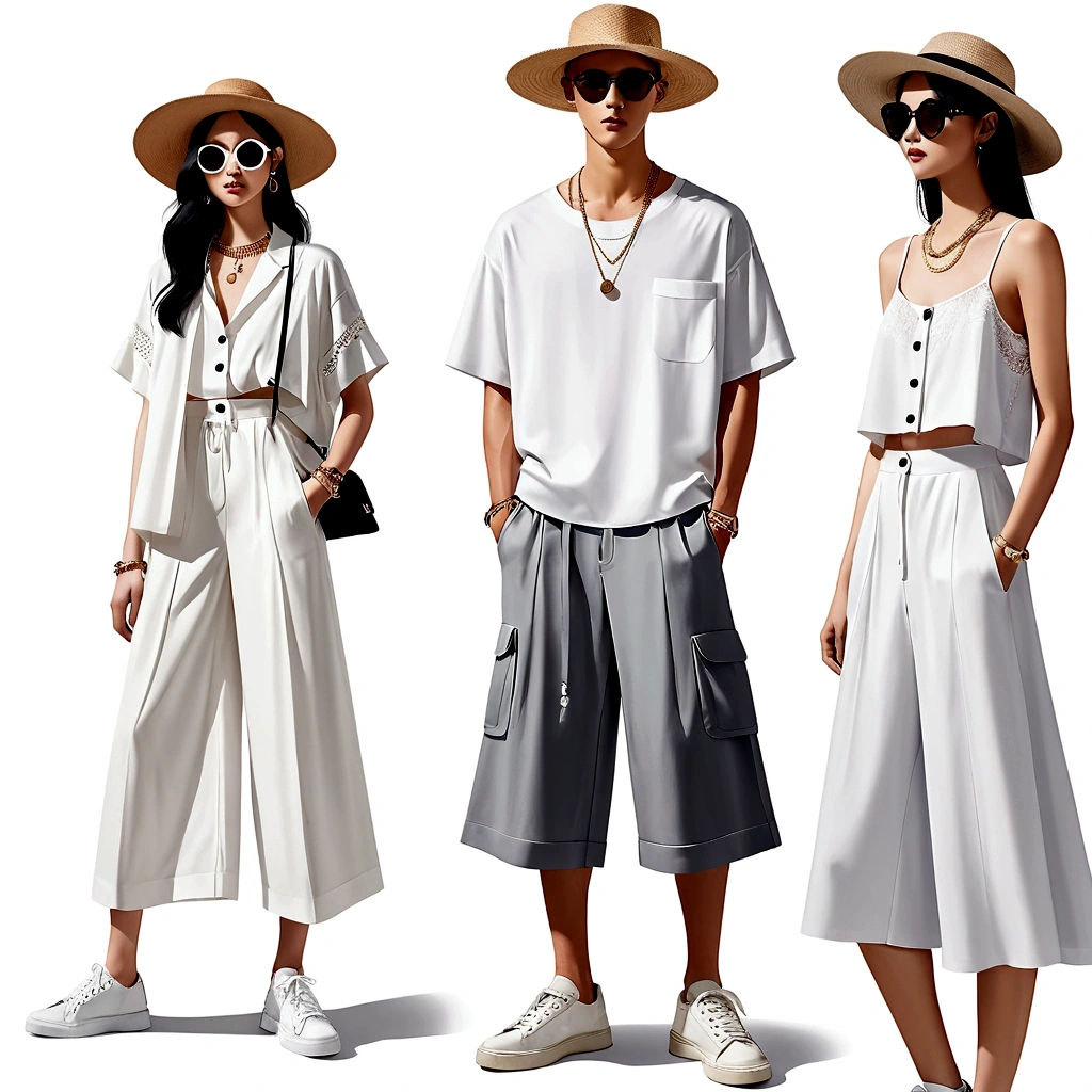 candid fashion illustration of young Asian man and woman, both aged 20 year old, ((showcase fashion look book in a White rayon outfits)), inspired by Zara's resort collection 2020 in elegant young bohemian style. The man wears an oversized short-sleeved bowling white shirt with a pocket details, paired with relaxed-fit white Sports Wide Leg Shorts Baggy short and Drawstring, He completes his look with white sneakers, sunglasses and  bracelet. The woman complements him in a white Ankle-length dress in a rayon with delicate lace insets, V-shaped neckline, covered buttons down the front and an open section, spaghetti shoulder straps, Gathered tiers down the skirt and a scalloped hem,  Her ensemble includes an accessorizes with a wide-brimmed straw hat, white sneakers and necklace. Captured in a low angle, ((full-body image)), ((blank background)), sketching, realistic charcoal lines, imperfect drawing, fading sketch, fashion look book, fashion illustrator, sketch design,