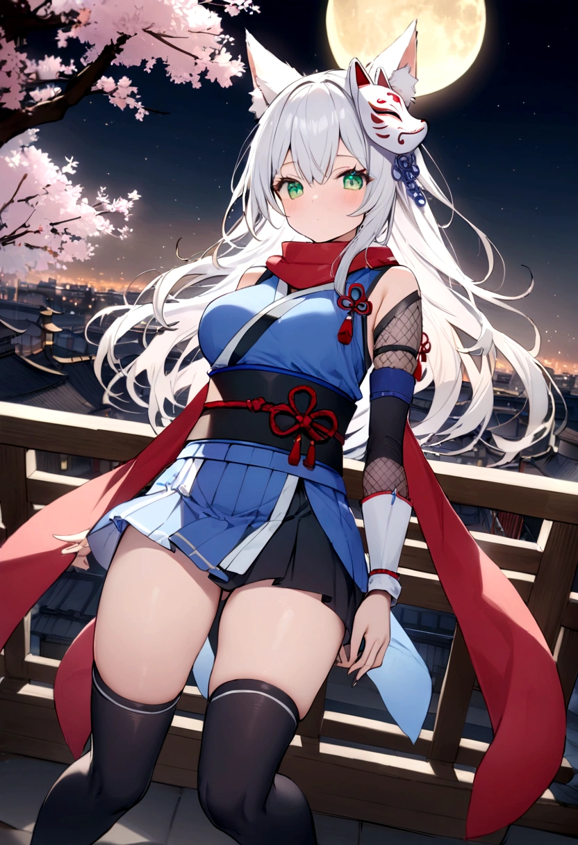 Heterogeneous: blue and green eyes、Black net on arm、On top of the castle、Looking down from the castle tower、White Gauntlet、insert、Asahi、A magnificent view of the city from the treetops、(masterpiece, best quality:1.2), 1girl, 独奏,Wolf girl, fox mask, ninja, girl, long white hair, odd eyes, blue kimono, ninja girl, red and blue scarf,Dancing Cherry Blossoms,Full moon backlighting, light coming in, fantastic atmosphere.night、Shadows of light and darkness、Eyes glowing in the dark、Black fox mask、Fisheye Lens、Expansive starry sky、long hair that spreads、Overlooking the city from atop a large cherry tree、Aside exposure、Black High Knee Socks、Blue mini skirt