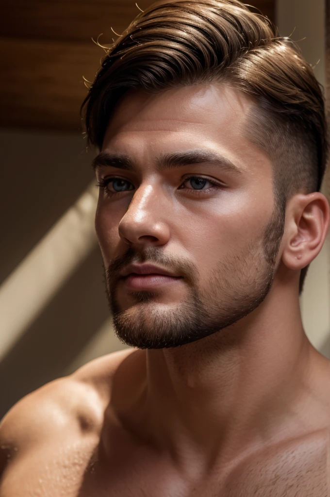 (8K、RAWE Photo、Highest quality、masterpiece:1.2)、(Real、Photorealistic:1.37)、Super detailed、Ultra-high resolution、1 male、Beautiful detailed face、(Feather Cut: 0.6)、Professional Lighting、The lighting is bright、Actor、model、Full body、Wide-angle shot、Daytime、bright , simple background ,Simple Background、Slender、beard、front、Face close-up、Front view、