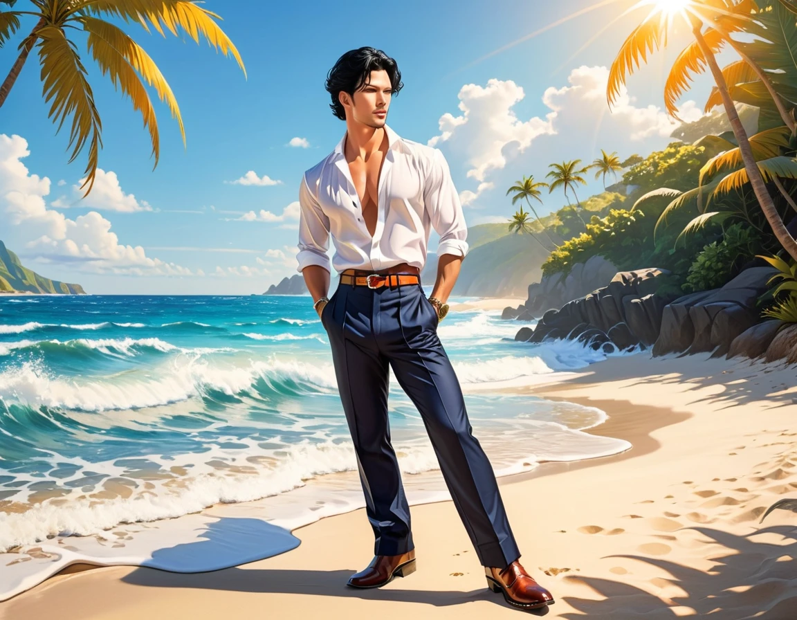 1 Male, chiseled face, medium straight black hair, Summer, Boots, long pants, beach background, bright sunlight, ocean waves, tropical setting, consistent fashion, aristocratic presence, stylish pose, full-body shot, emphasizing long pants, 