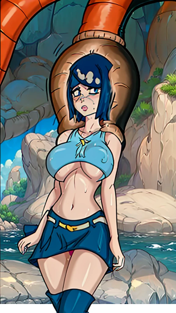 A sexy girl, beautiful beauty, light blue hair, her big round blue eye, light pink lip, she wears a sleeveless white shirt, shows her navel and a long blue skirt with a long heel, black hair, wearing a pussy, vore absorbs