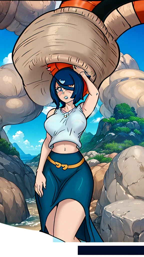 A sexy girl, beautiful beauty, light blue hair, her big round blue eye, light pink lip, she wears a sleeveless white shirt, shows her navel and a long blue skirt with a long heel, black hair, wearing a pussy, vore absorbs