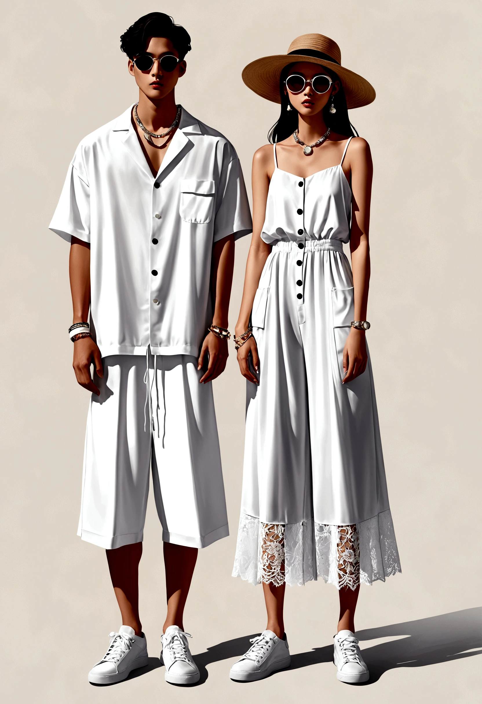 candid fashion illustration of young Asian man and woman, both aged 20 year old, ((showcase fashion look book in a White rayon outfits)), inspired by Zara's resort collection 2020 in elegant young bohemian style. The man wears an oversized short-sleeved bowling white shirt with a pocket details, paired with relaxed-fit white Sports Wide Leg Shorts Baggy short and Drawstring, He completes his look with white sneakers, sunglasses and  bracelet. The woman complements him in a white Ankle-length dress in a rayon with delicate lace insets, V-shaped neckline, covered buttons down the front and an open section, spaghetti shoulder straps, Gathered tiers down the skirt and a scalloped hem,  Her ensemble includes an accessorizes with a wide-brimmed straw hat, white sneakers and necklace. Captured in a low angle, ((full-body image)), ((blank background)), sketching, realistic charcoal lines, imperfect drawing, fading sketch, fashion look book, fashion illustrator, sketch design,