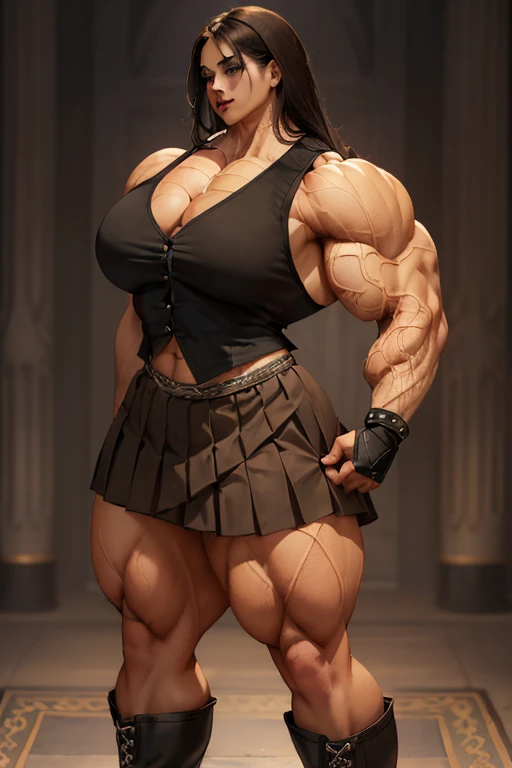 ((((Massive beautiful, buff, bulky, light brown skinned muscular woman with black hair, black lipstick, ginormous bulky muscles and wearing a black shirt and a beautiful royal long pleated skirt with pantyhose)))), (close view), vascular, massive muscle, massive biceps, hyper muscle shoulders, vascular shoulders, hyper muscle triceps, (long straight hair), orange eyes, fingerless gloves, (((beautiful black vest))), ((royal long pleated skirt)), (high heel boots), sensual smile, (in a jellyfish forest), at evening, Vascular arms, hyper vascular arm, hyper muscles arms, hyper muscle legs, massive arms