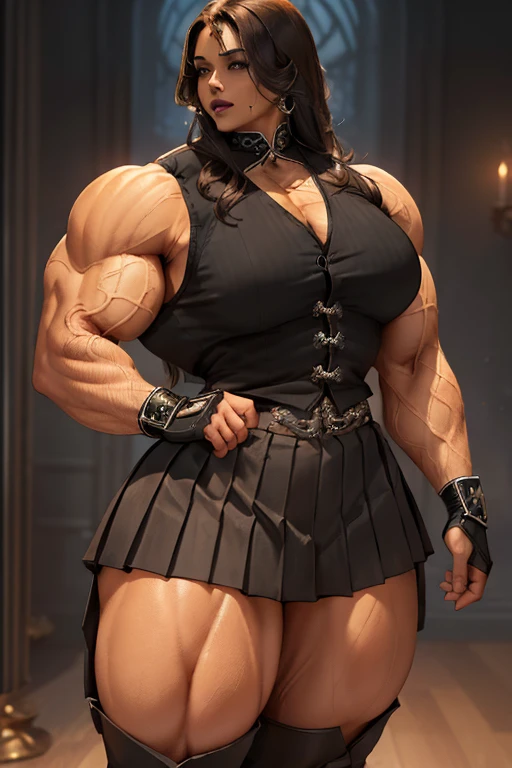 ((((Massive beautiful, buff, bulky, light brown skinned muscular woman with black hair, black lipstick, ginormous bulky muscles and wearing a black shirt and a beautiful royal long pleated skirt with pantyhose)))), (close view), vascular, massive muscle, massive biceps, hyper muscle shoulders, vascular shoulders, hyper muscle triceps, (long straight hair), orange eyes, fingerless gloves, (((beautiful black vest))), ((royal long pleated skirt)), (high heel boots), sensual smile, (in a jellyfish forest), at evening, Vascular arms, hyper vascular arm, hyper muscles arms, hyper muscle legs, massive arms