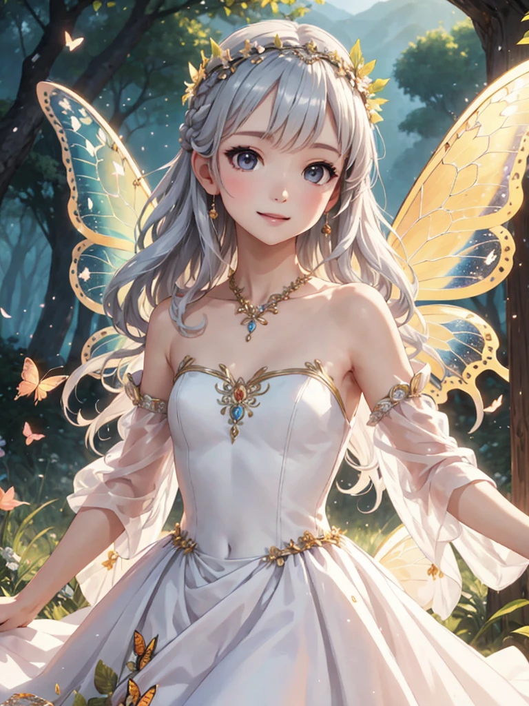 (masterpiece, top quality), intricate details, realistic background, 1 girl, hair ornament, white dress, strapless dress, crystals, removable sleeves, fairy dress, silver hair, long hair, flower crown, white wings, shining wings, jewelry accessories, look at the viewer, , young, , smile, happy, bright, twinkling flash, night forest, butterfly wings, small wings