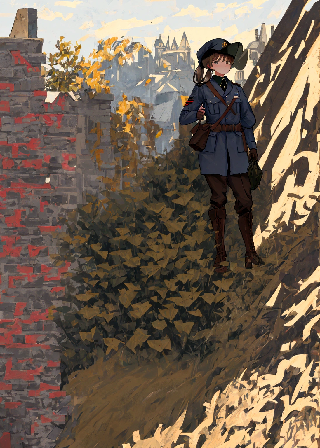 Ww2 soldier, german, looking at the viewer, ww2 M44 field uniform, ww2 german helmet, low ponytail, no background, brown hair, ww2 german bag, standing in town in countryside, holding weapon