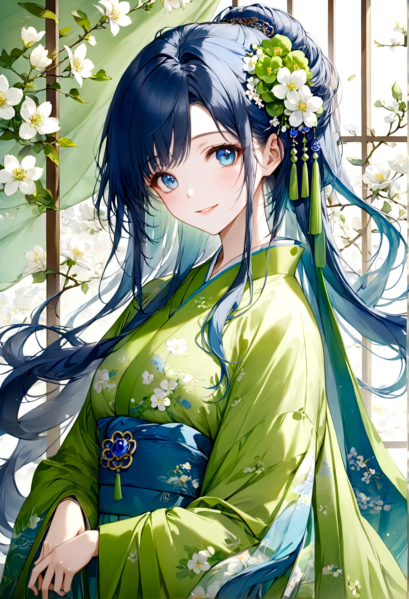 ((Top quality)), ((masterpiece)), ((Ultra Detailed)), (Extremely refined), Beautiful woman, Bright light blue hair, Long hair, Sapphire blue eyes, Traditional Chinese hairstyle, Wearing beautiful Hanfu, Pure green Hanfu, Flowing Shawl, The shawl is pure spring green, sweet smile, Relaxed expression, Fair skin, Delicate white flower background