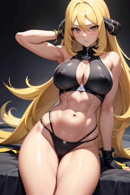 Pokémon、Sirona、Blonde、Belly button、long hair、Dark Room、Yellow Eyes、Big Breasts、Abdominal muscles、Slanted Eyes