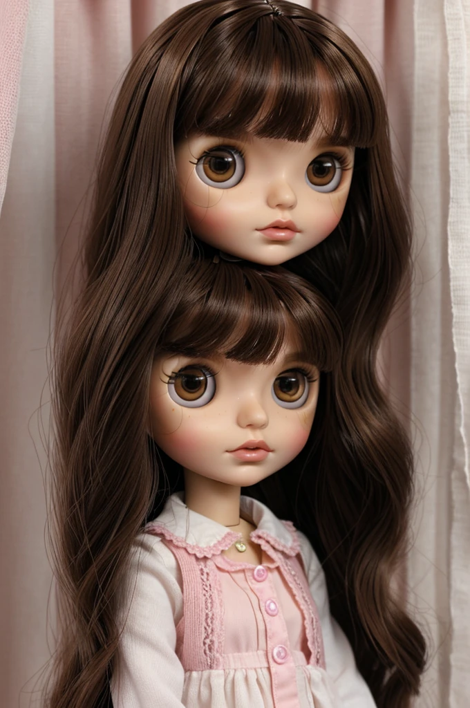 I create a SMALL blythe doll with the following characteristics:Brown hair,Brown eyes,pink lips, medium nose,long hair with OPEN curtain fringe