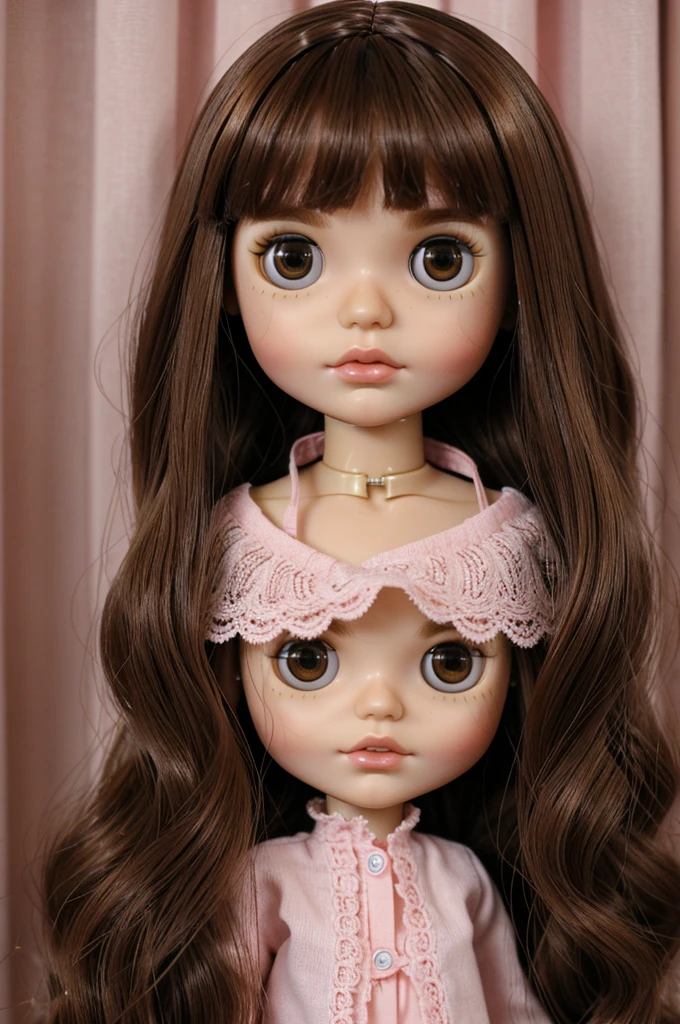 I create a SMALL blythe doll with the following characteristics:Brown hair,Brown eyes,pink lips, medium nose,long hair with OPEN curtain fringe