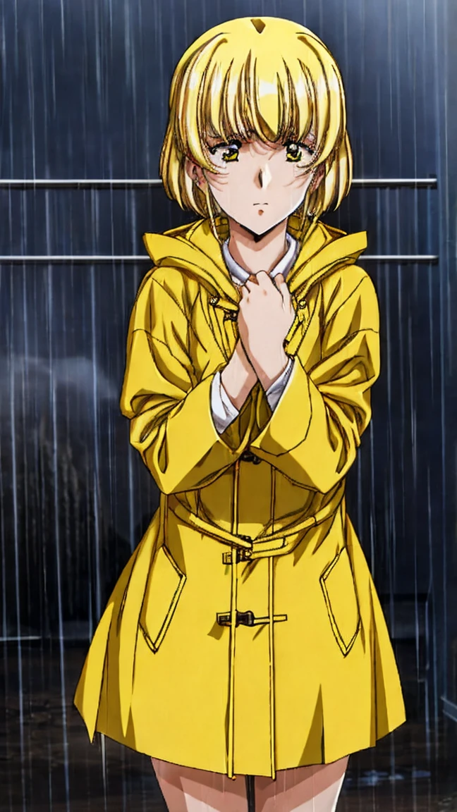 A woman standing in a heavy rainstorm, wearing a bright yellow raincoat. The wind is blowing fiercely, and the raincoat flaps in the wind. The background is dark and stormy with heavy rain pouring down, and the woman is slightly hunched, bracing against the strong wind and rain.