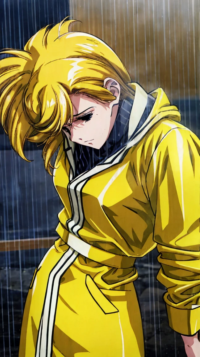 A woman standing in a heavy rainstorm, wearing a bright yellow raincoat. The wind is blowing fiercely, and the raincoat flaps in the wind. The background is dark and stormy with heavy rain pouring down, and the woman is slightly hunched, bracing against the strong wind and rain.