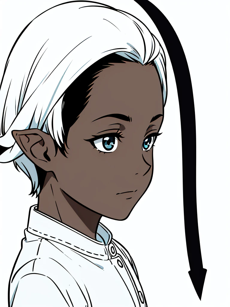 (1boy,8 years old,solo,???),((dark skin)),short hair,black hair,elf ears,(horns),portrait,from side,uncomfortable,(white background,line drawing)