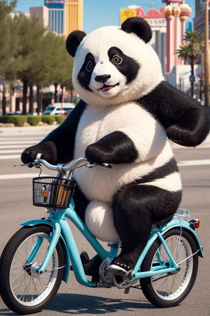 Make a panda with a hat riding a bike in Las Vegas