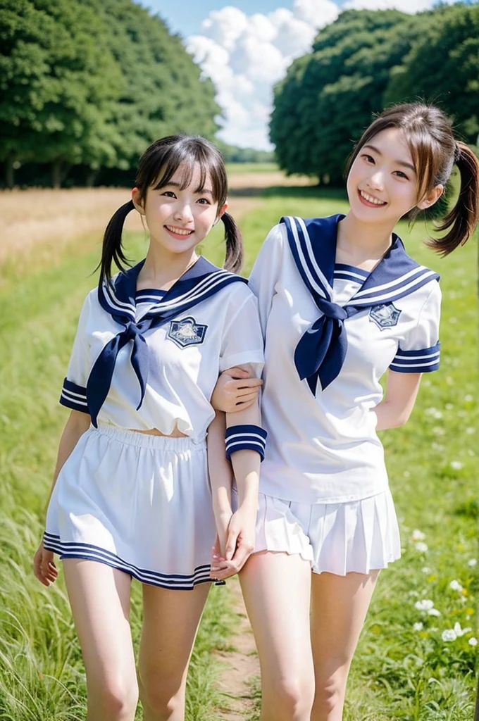 2 girls walking in rural field,cumulonimbus cloud in summer blue sky,white sailor shirt,white panties with navy blue frills,18-year-old,bangs,a little smile,thighs,knees,short hair with low pigtails bunches,from beside,front light