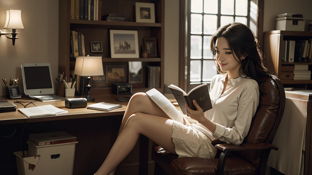 Best Picture Quality, Cinematic Texture Shot, Exquisite Face, Beautiful Face, 20 year old Female, Smiling,
, Indoor Scene, Office, Sitting, Reading