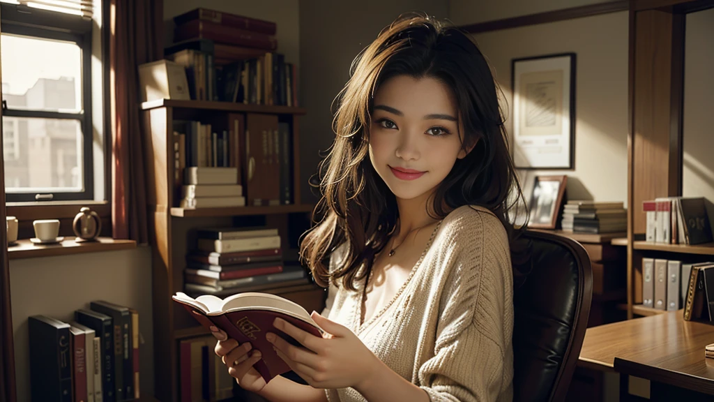 Best Picture Quality, Cinematic Texture Shot, Exquisite Face, Beautiful Face, 20 year old Female, Smiling,
, Indoor Scene, Office, Sitting, Reading