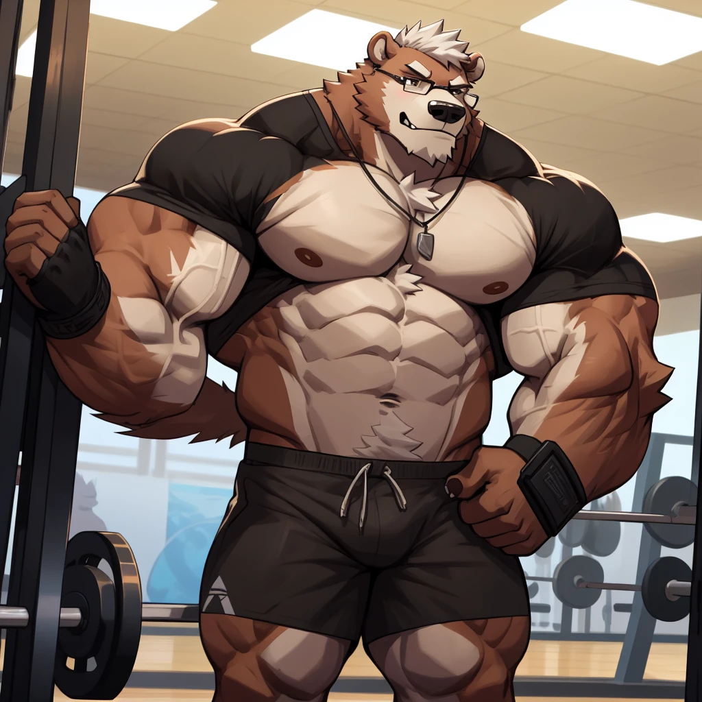 solo, 1boy, Huge Muscular Old Grizzly Bear wearing glasses , pectoral, huge pectoral, wide pectoral, short white hair, short pants, black wristbands ripping shirt, masterpiece, high detailed, 8k, high resolution, at the gym, bending a metal steel