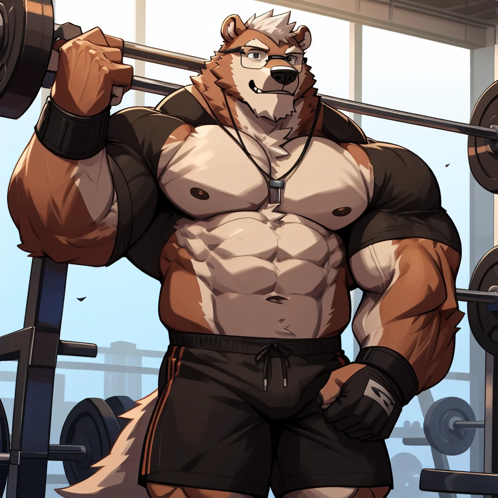 solo, 1boy, Huge Muscular Old Grizzly Bear wearing glasses , pectoral, huge pectoral, wide pectoral, short white hair, short pants, black wristbands ripping shirt, masterpiece, high detailed, 8k, high resolution, at the gym, bending a metal steel