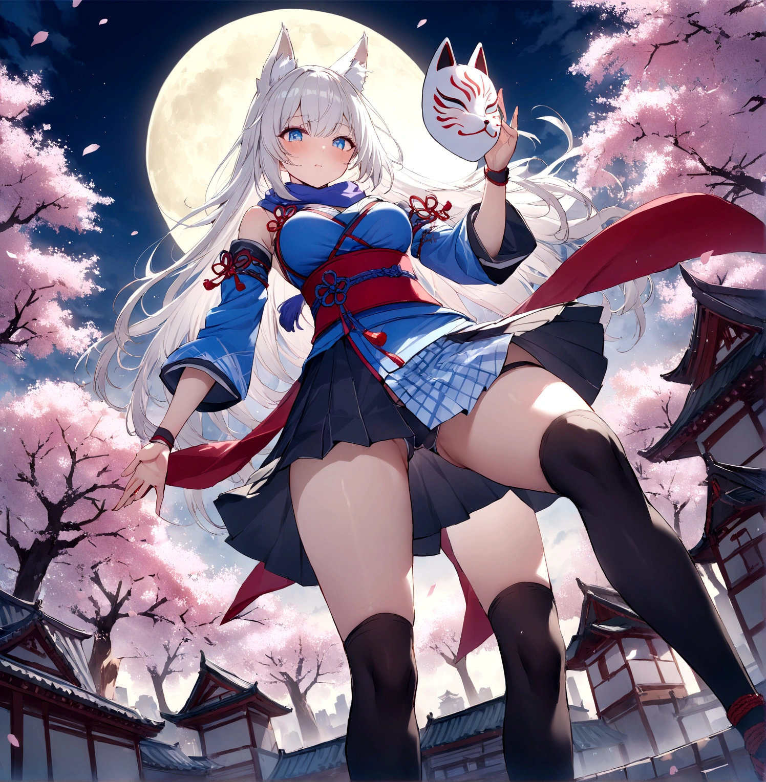 On top of the castle、Looking down from the castle tower、White Gauntlet、insert、Asahi、A magnificent view of the city from the treetops、(masterpiece, best quality:1.2), 1girl, 独奏,Wolf girl, fox mask, ninja, girl, long white hair, odd eyes, blue kimono, ninja girl, red and blue scarf,Dancing Cherry Blossoms,Full moon backlighting, light coming in, fantastic atmosphere.night、Shadows of light and darkness、Eyes glowing in the dark、Black fox mask、Fisheye Lens、Expansive starry sky、long hair that spreads、Overlooking the city from atop a large cherry tree、Aside exposure、Black High Knee Socks、Blue mini skirt
