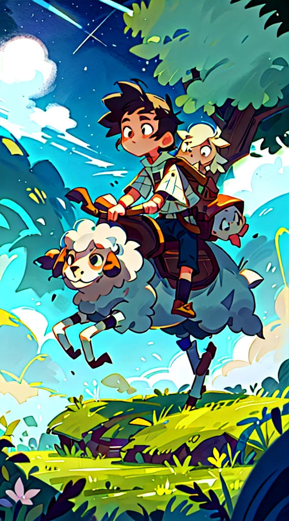 Prairie, a boy riding on the back of a sheep, knight, night, starry