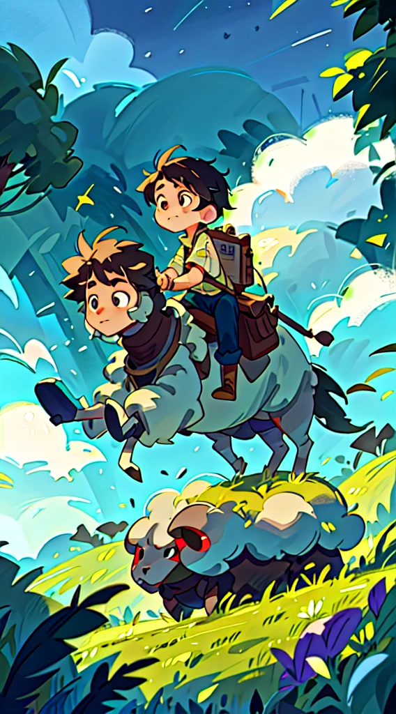 Prairie, a boy riding on the back of a sheep, knight, night, starry