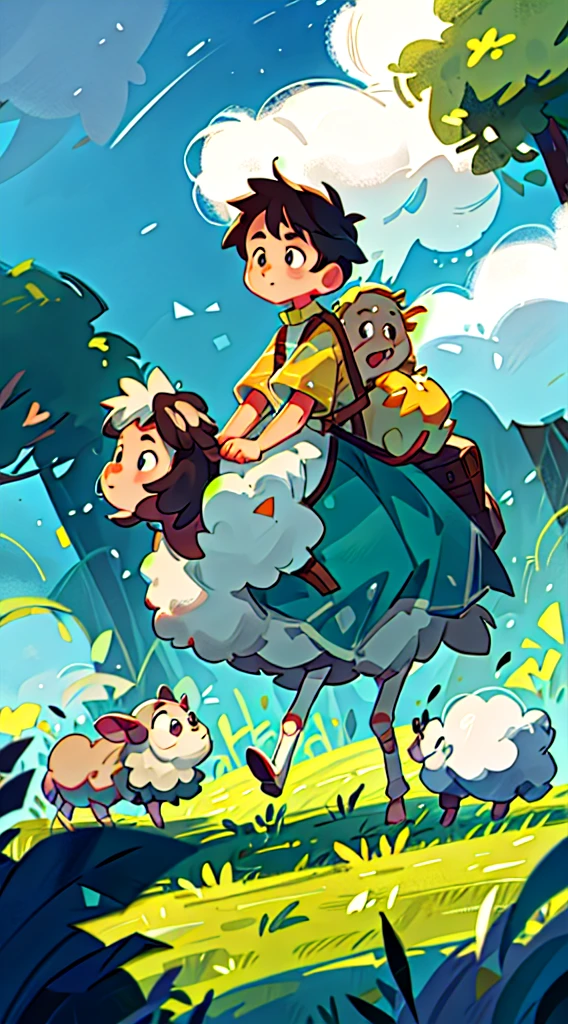 Prairie, a boy riding on the back of a sheep, knight, night, starry